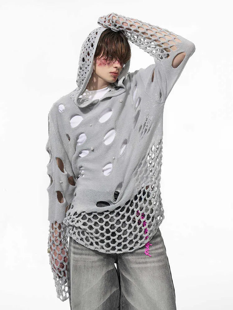 Black men's loose hoodie with pearl decorations on the hood, showing a hollow knit texture.