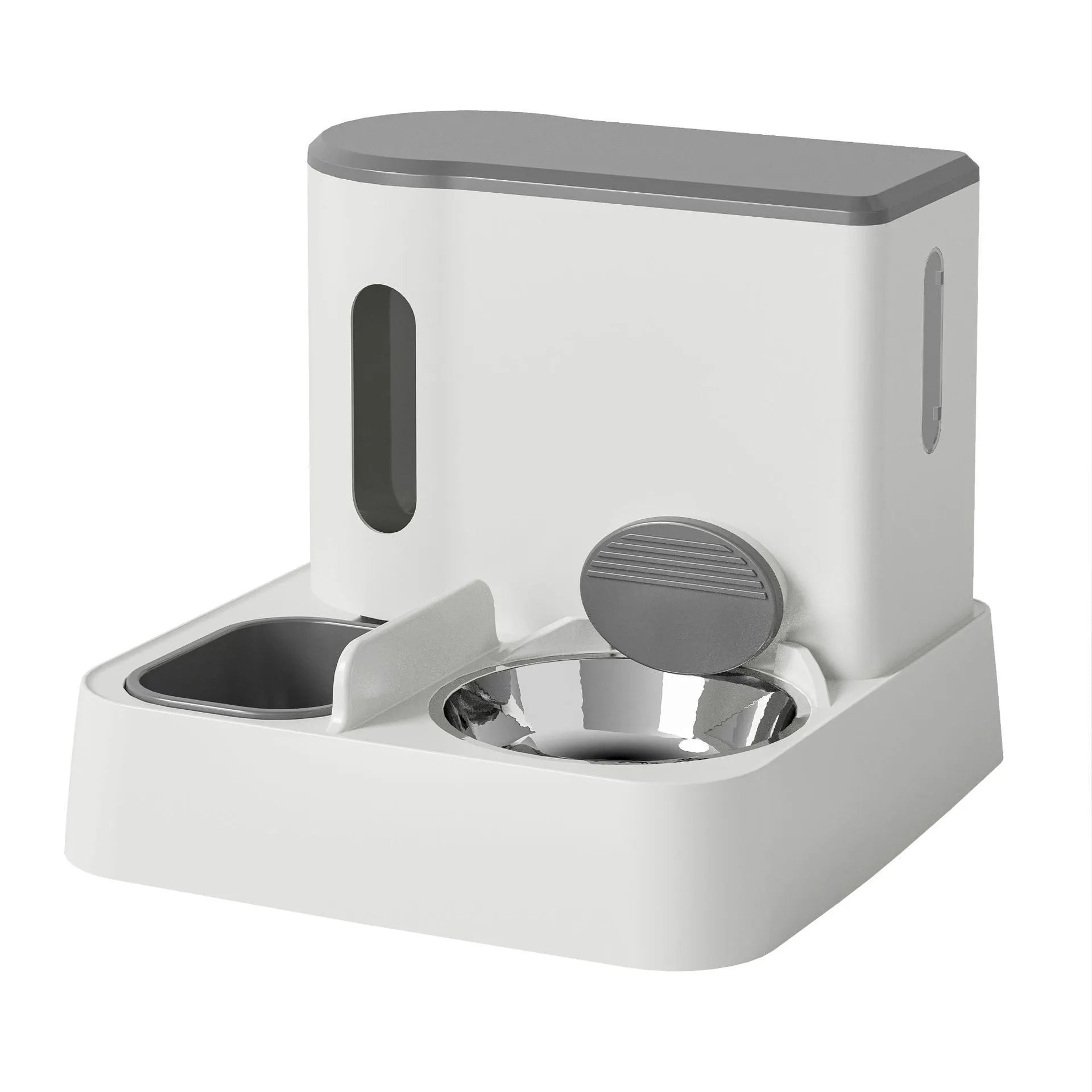 Grey cat automatic feeder with water dispenser and stainless steel bowls