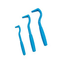 Three blue plastic tick removal hook clips for dogs and cats on a white background.