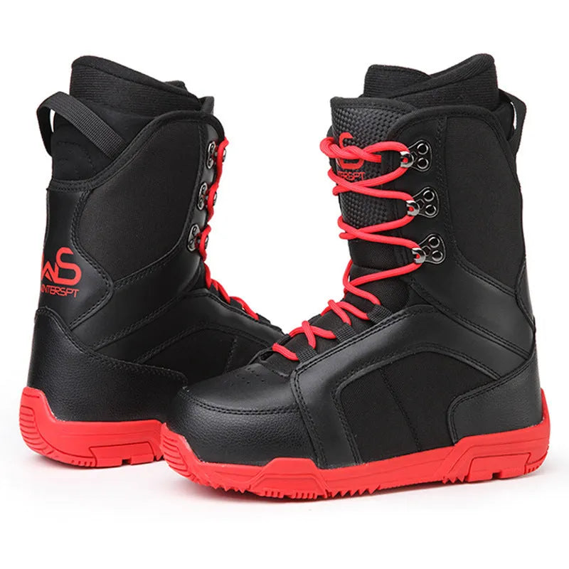 Black men's ski boots with tie closure and rubber outsole on a snowy surface