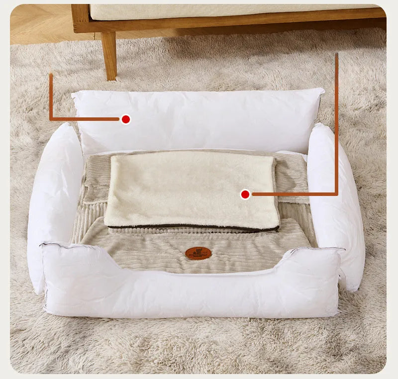 Coffee coloured removable cover dog and cat bed cushion showing raised edge, with S size 45x50cm dimensions