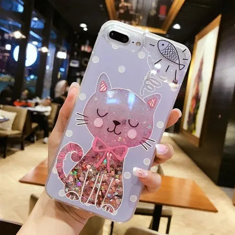 Four glittery cat design phone cases for iPhone models 6 through to X on a white background.