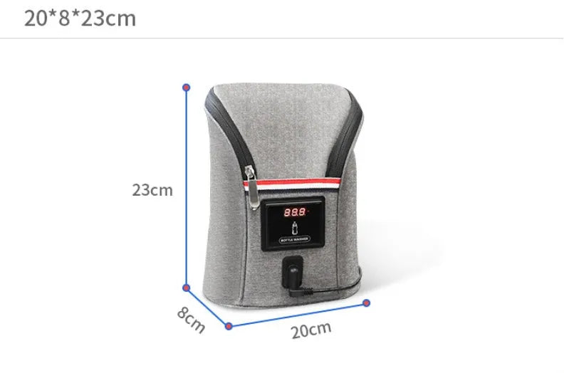 Grey Oxford cloth car USB baby bottle warmer with electronic display, shown with two bottles and car charger.