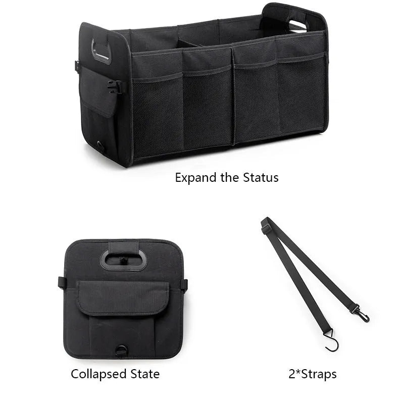 Foldable fabric car trunk storage box with multiple compartments and handle