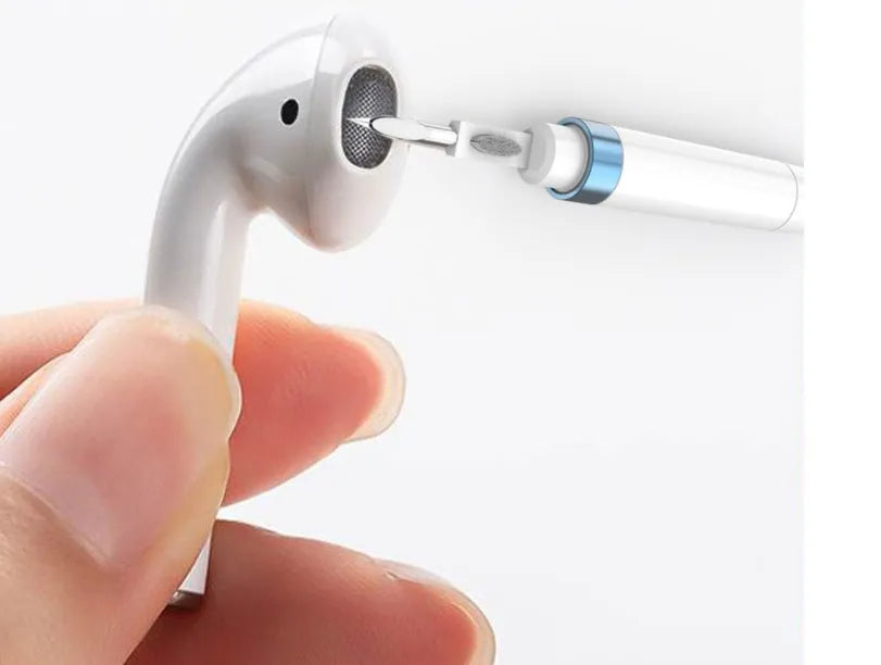 Blue headphone cleaning pen with stainless steel nib and brush, shown with flocking sponge extended.