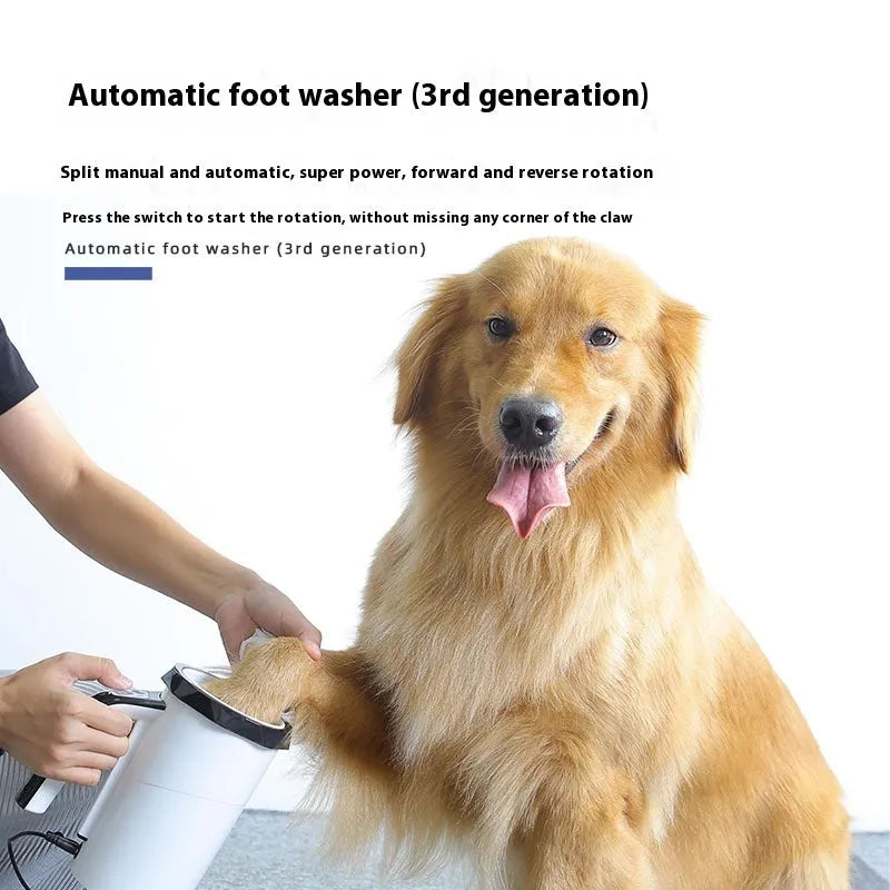 Automatic dog foot washing machine with silicone cup in white and blue colour scheme.