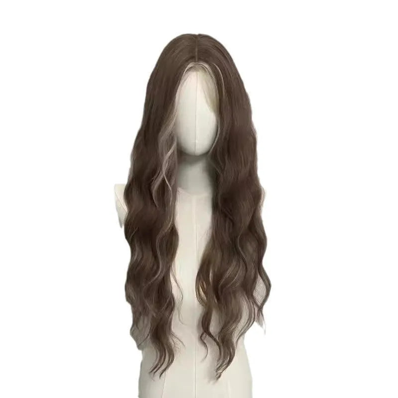 Lace front wig with long curly grey gold highlighted synthetic hair on display