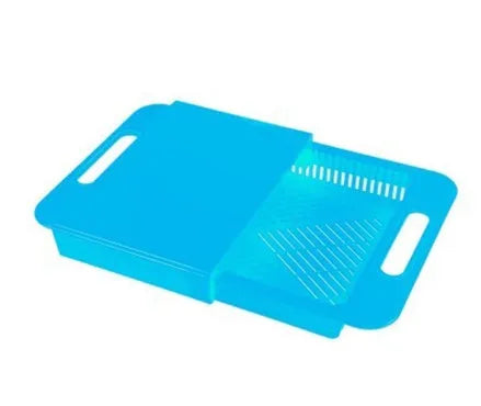 3-in-1 multi-purpose cutting board with colander in blue, showing integrated drainer and ergonomic handles