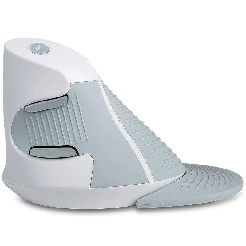 Black M618 wireless vertical ergonomic mouse on a desk, showing its 57-degree angled design and side buttons.