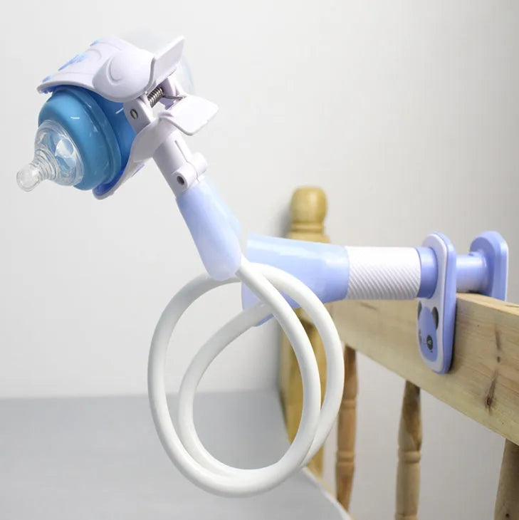 Extended 1.05 metre breastfeeding bracket in blue colour with universal bottle attachment for hands-free feeding support