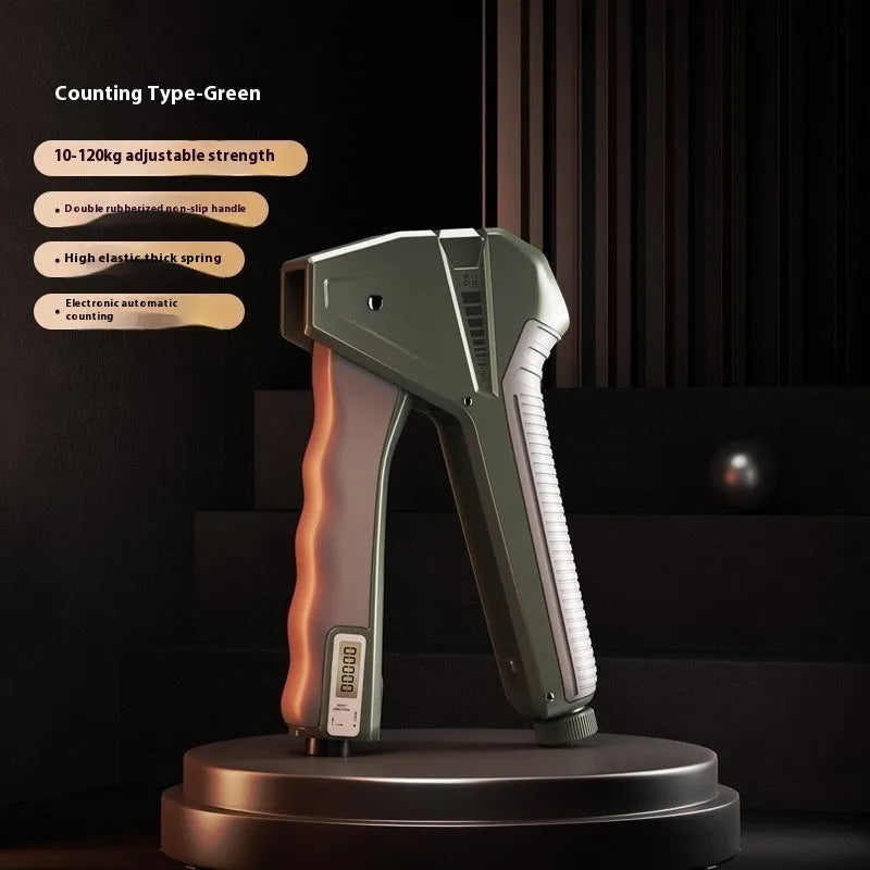 Adjustable PP plastic hand grip strengthener showing spring mechanism and available colour variants.