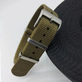 Nylon integrated watch strap in army green colour, showing the 20mm width option.