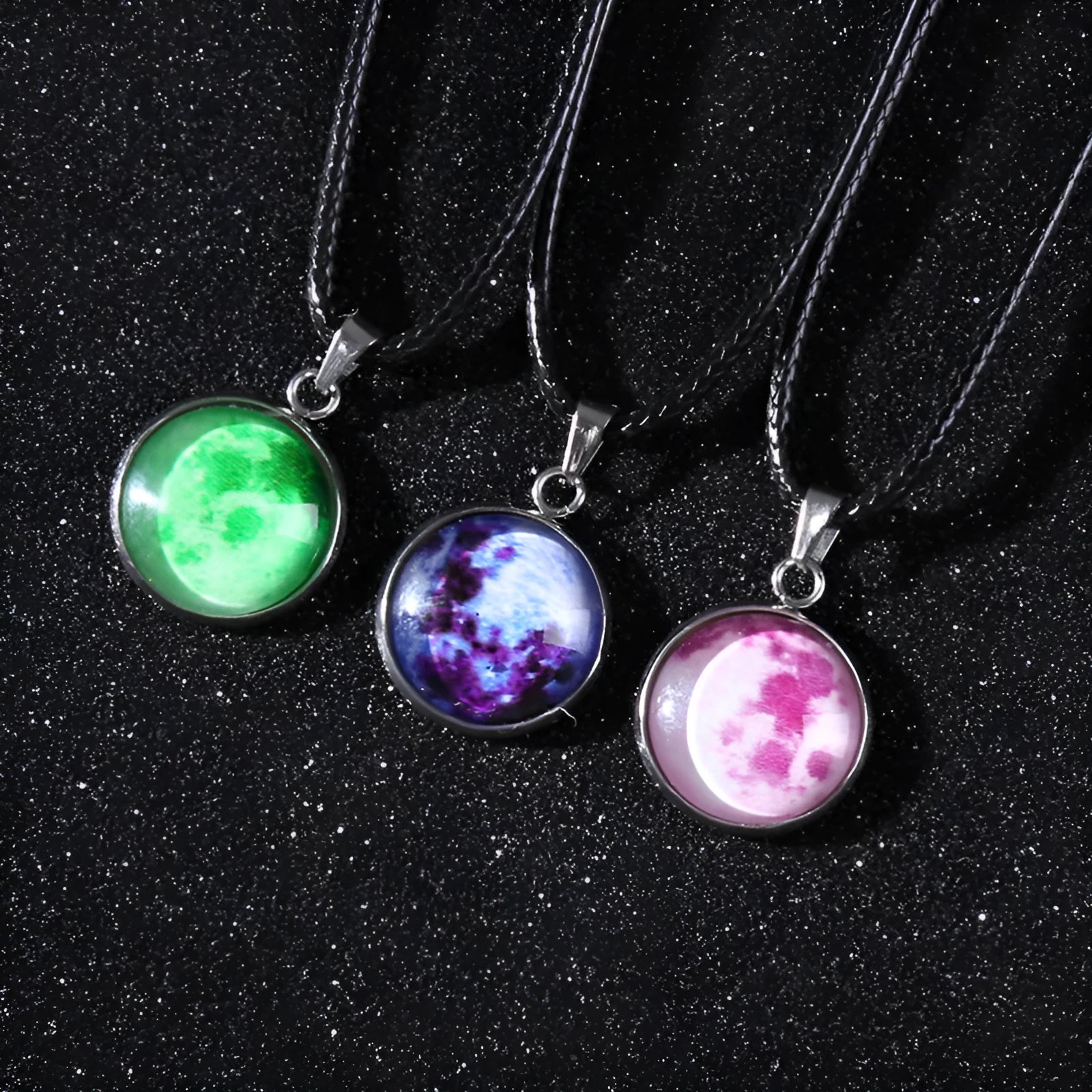 Luminous Christmas moon and starry night sky alloy pendant necklace with coloured glass centrepiece on a chain.