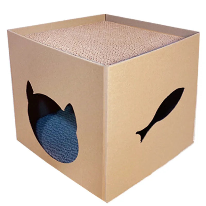 Cubic corrugated paper cat scratch board in Pet Milk Carton colour, 30cm on each side.