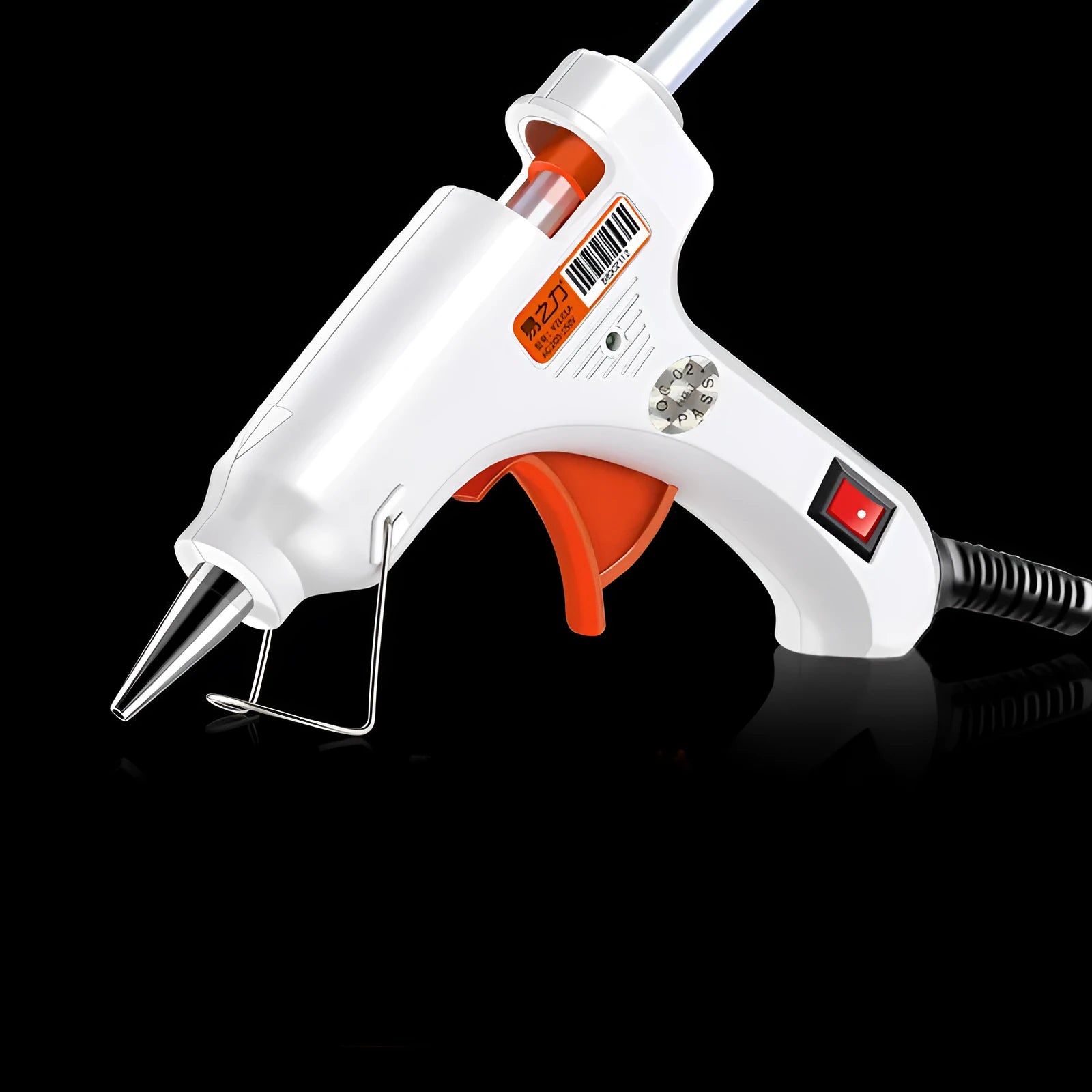 White electric hot melt glue gun with metal stand and anti-heat blanket on a work surface