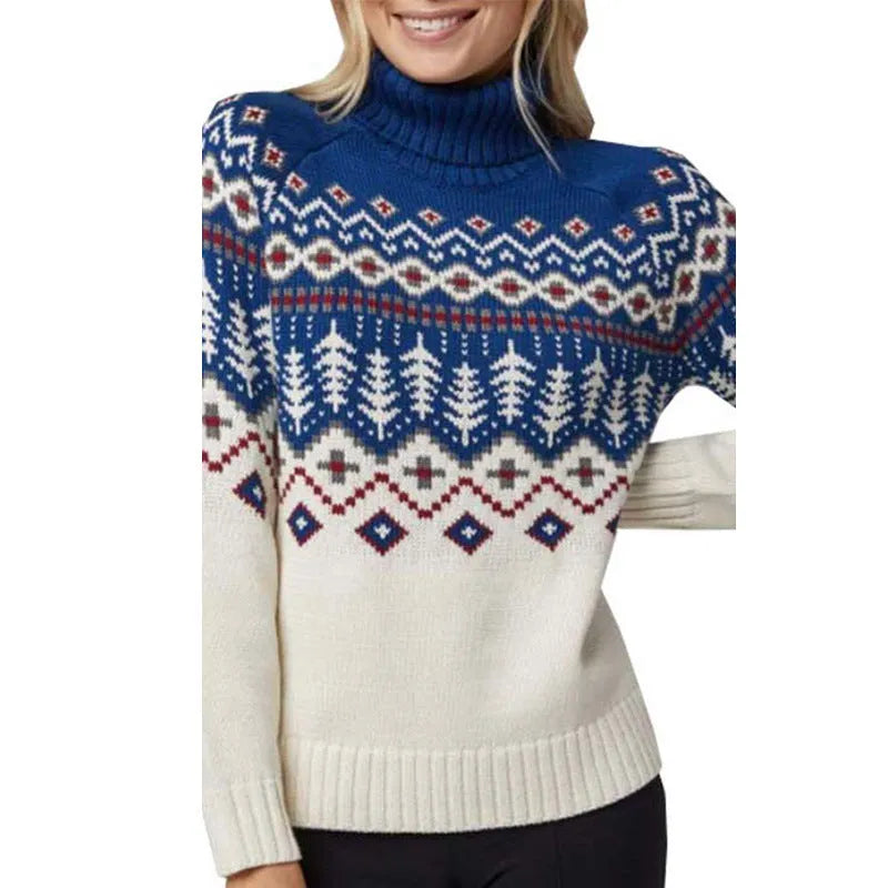 Women's jacquard turtleneck fall winter inner wear sweater in blue, long sleeve pullover retro style