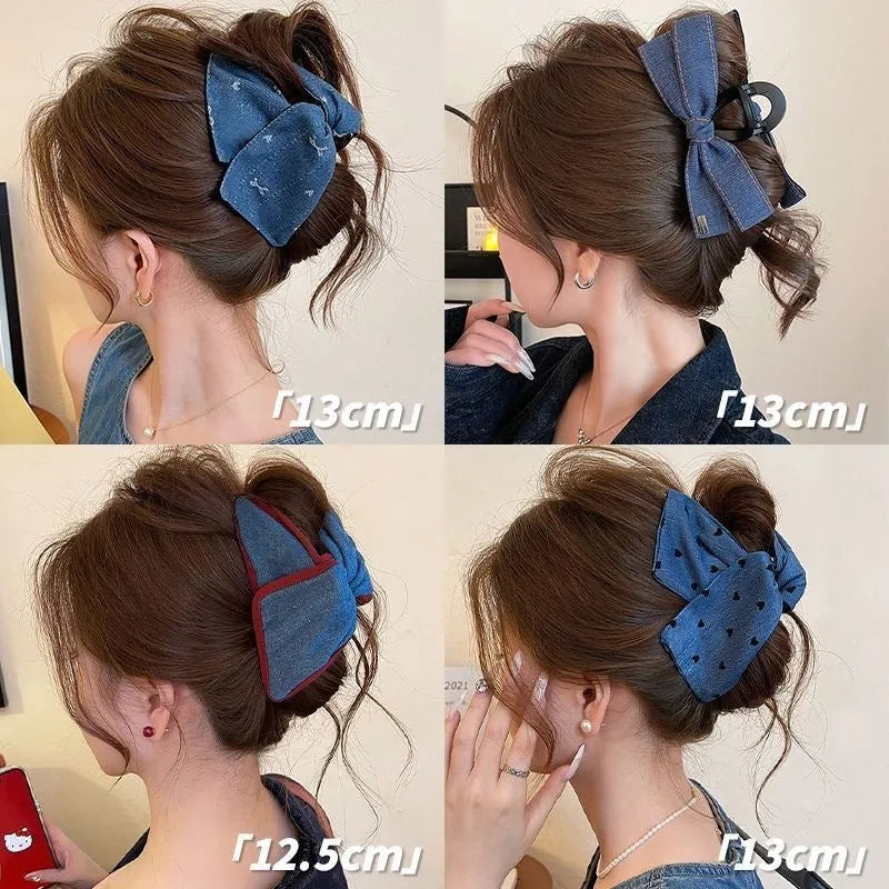 Women's denim bow hair clip with triangle grip, handmade from fabric and acrylic.
