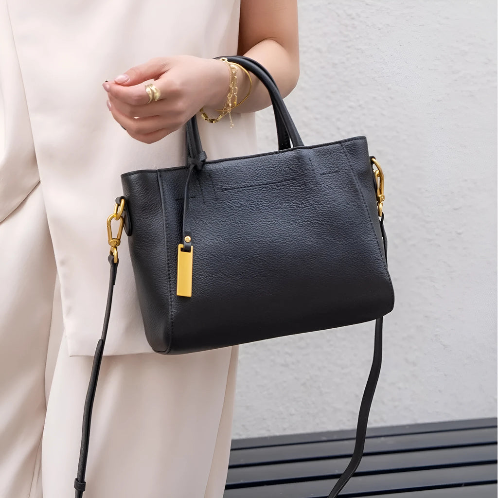 Genuine leather women handbag horizontal square shape first layer cowhide soft with sewing line detailing daily matching bag