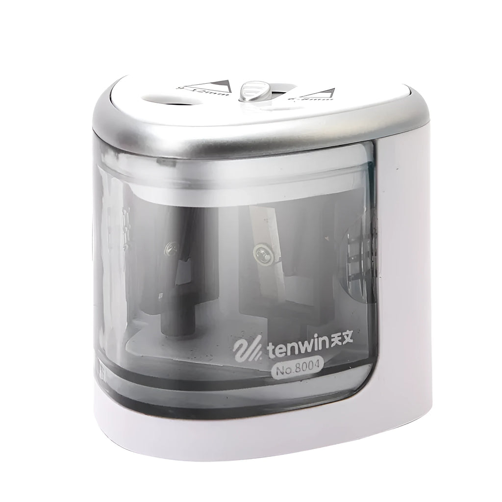 Blue automatic electric pencil sharpener for children, compact cube shape, ABS and PC materials, for 6-8mm pencils