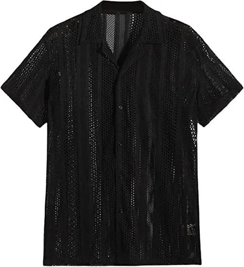 Man wearing a white knitted short-sleeved button cardigan shirt with textured Jacquard pattern.