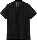 Man wearing a white knitted short-sleeved button cardigan shirt with textured Jacquard pattern.