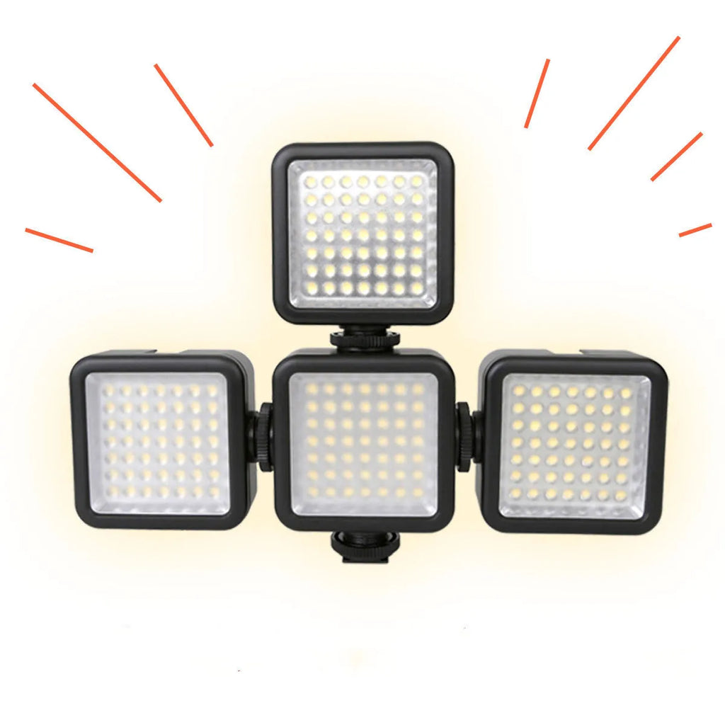 W49 black LED video light with 49 LEDs mounted on an SLR camera hot shoe