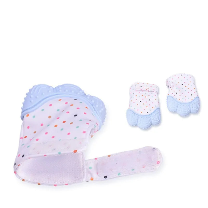 Baby silicone teething glove with Velcro strap in a smiley face yellow design.