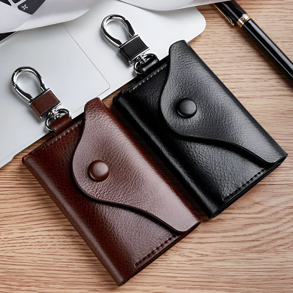 Genuine leather keychain card holder in square vertical design with key mapping internal organisation