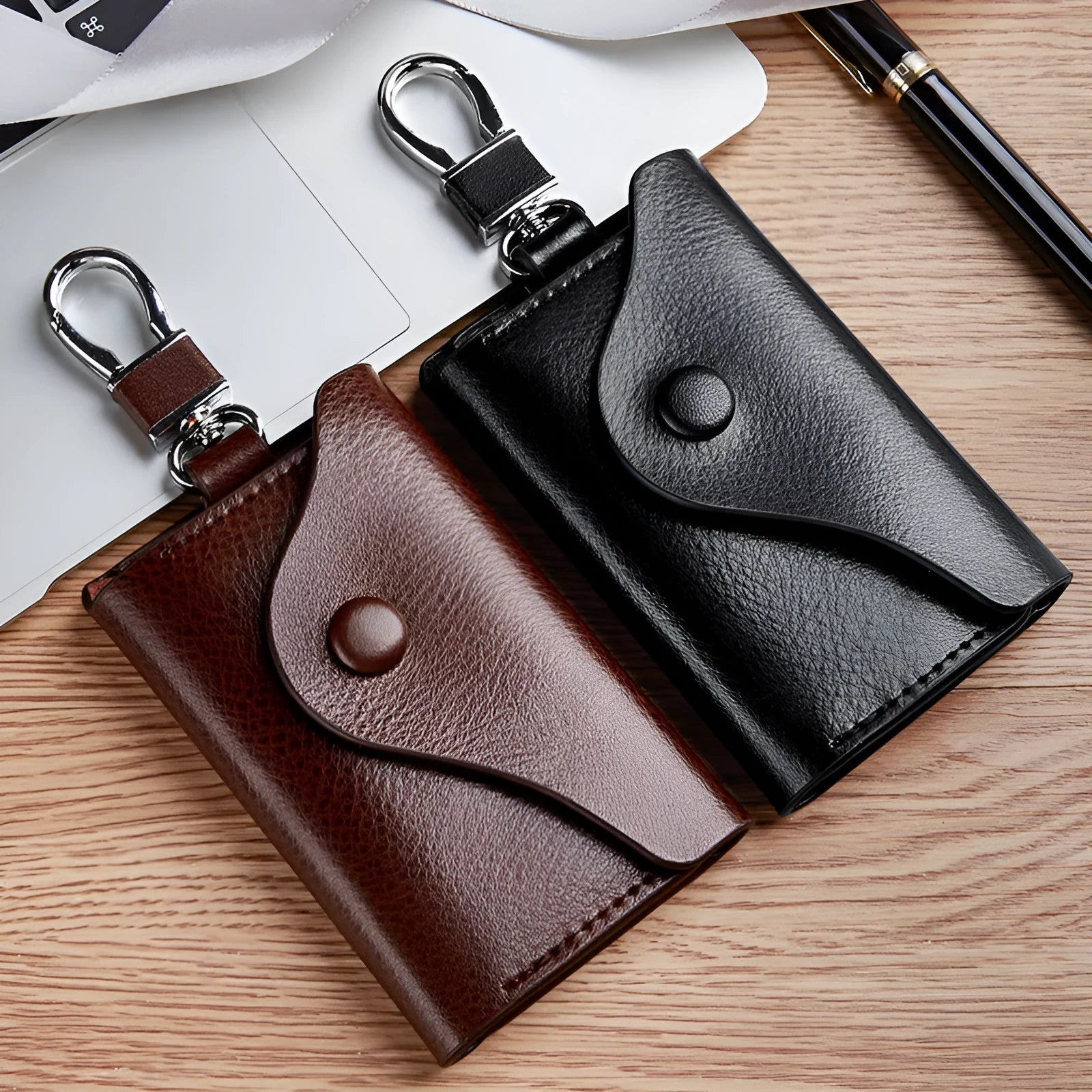 Genuine leather keychain card holder in square vertical design with key mapping internal organisation