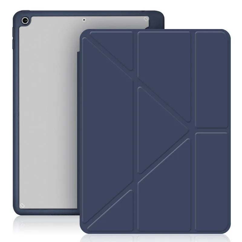 Acrylic Y-folding protective case for iPad with integrated pen slot, shown in dark grey.