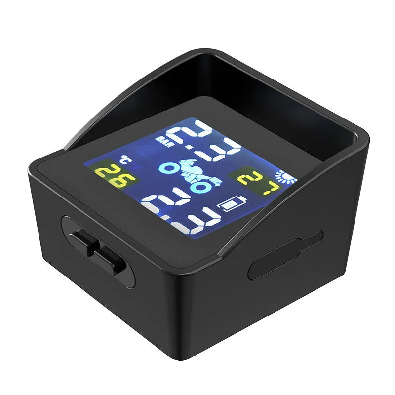 Solar digital tyre pressure monitor for motorcycles, PC material, black, with digital display