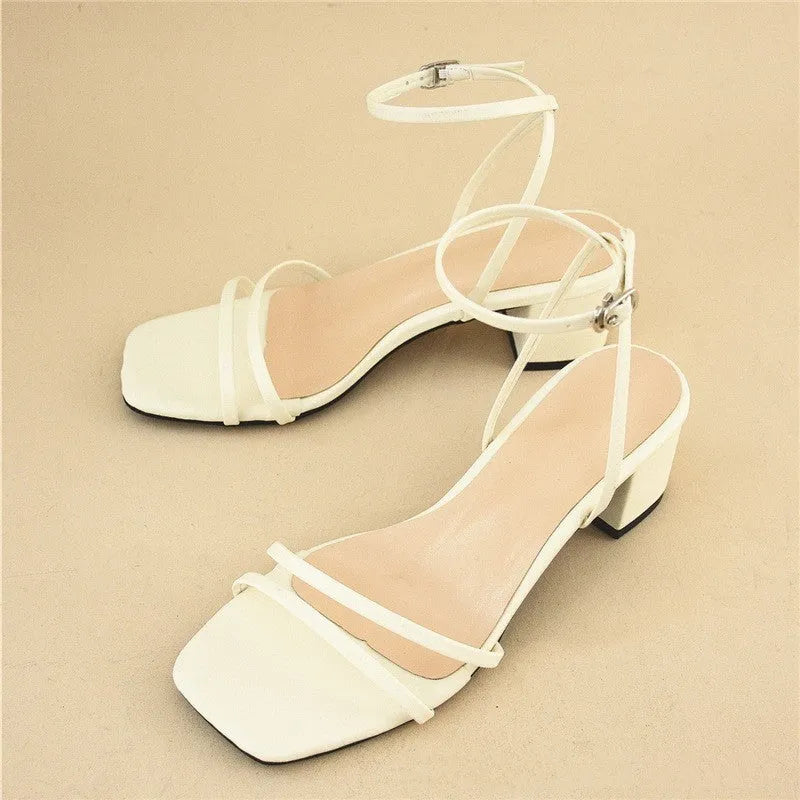 Women's beige square toe stiletto sandals with chunky heel and ankle buckle
