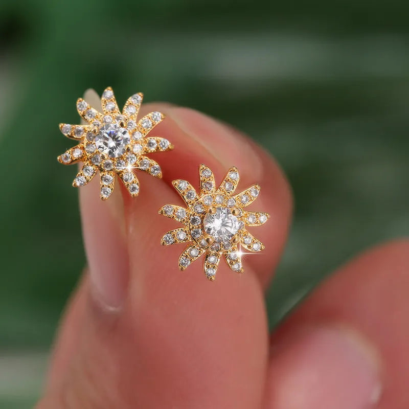 SUNFLOWER advanced ear studs in gold white and platinum white with zircon mosaic on copper base