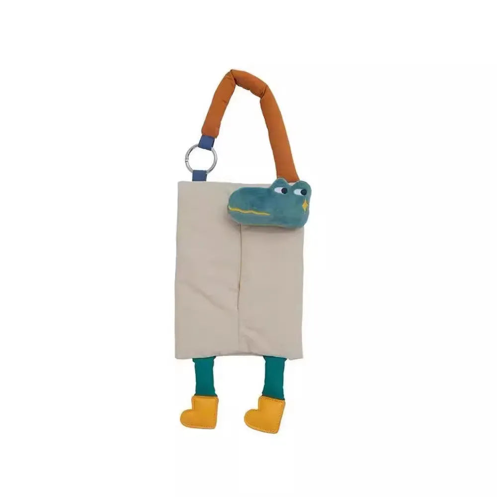 Hanging plush car tissue bag measuring 25cm by 19cm in baby crocodile or hat dog design
