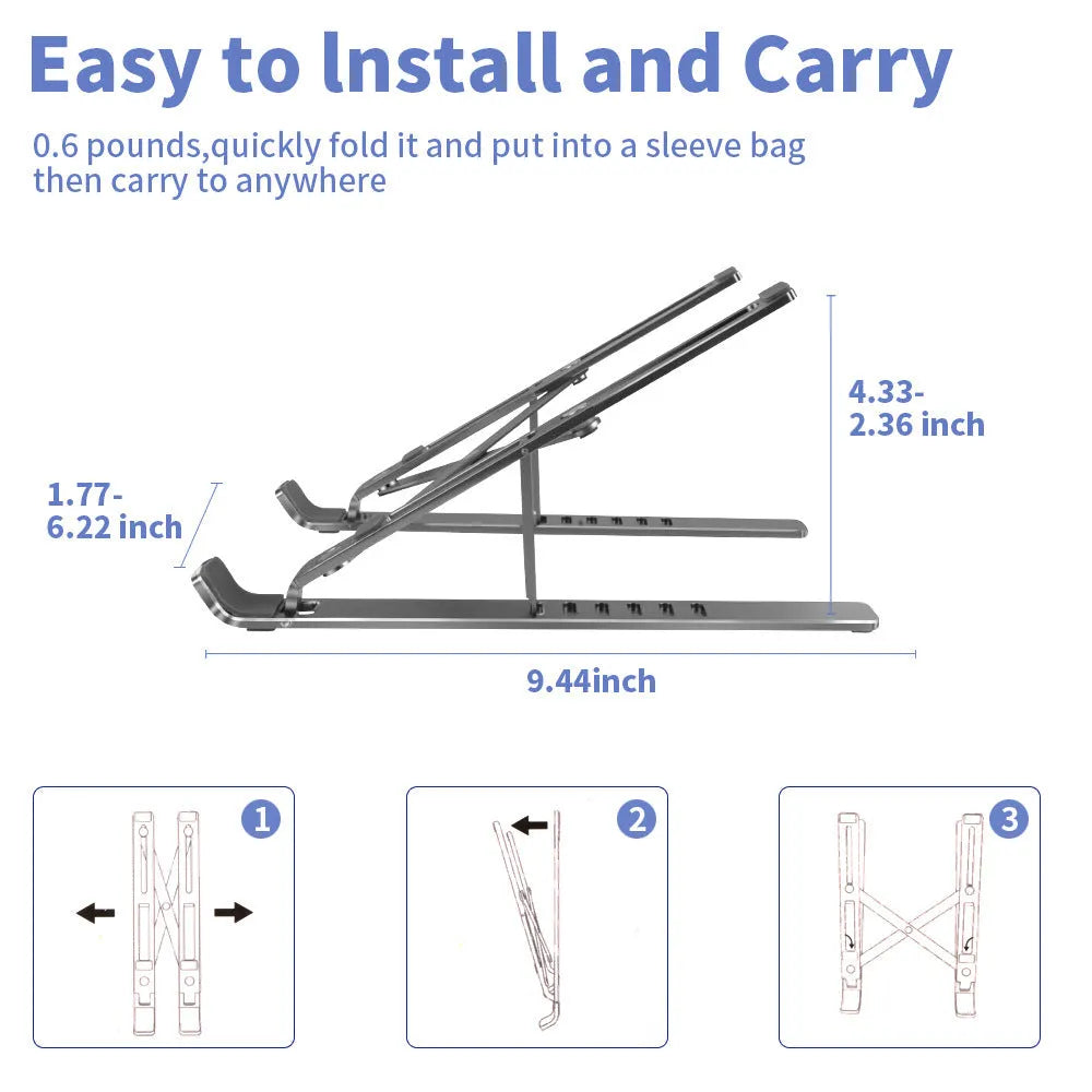 Silver aluminium laptop stand showing six height adjustment positions in folded configuration