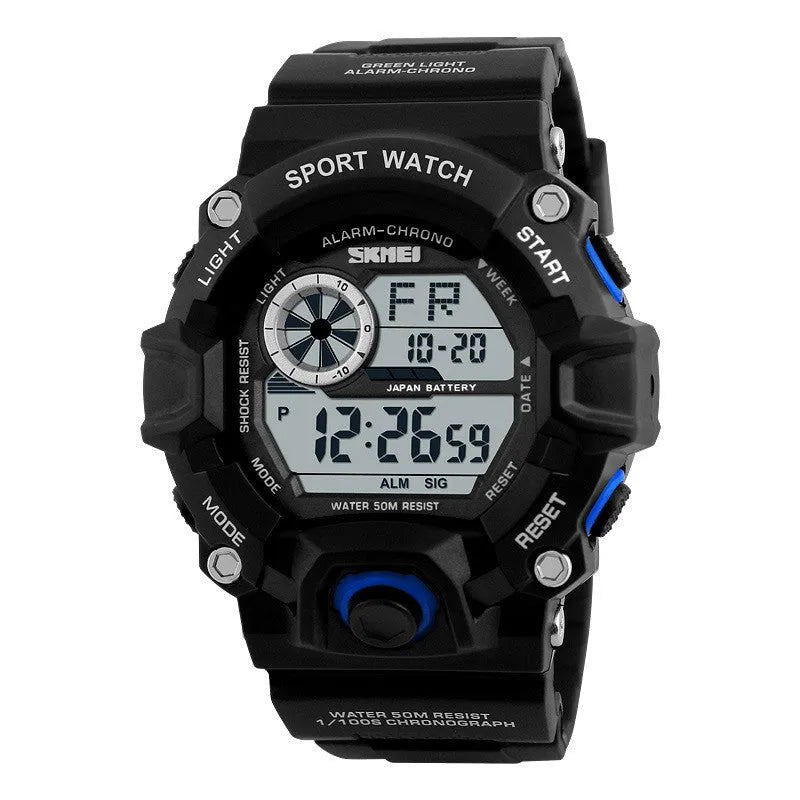 Camouflage green waterproof electronic sports watch with round dial and plastic strap on wrist.