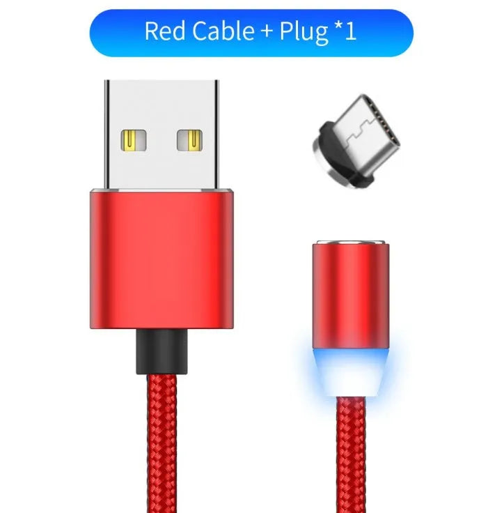 1 metre magnetic LED charging cable with cotton woven cord and three-in-one connector in aluminium shell