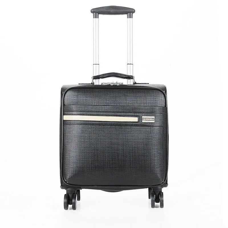 Black wheeled PU leather business case with airplane wheels and a lock.