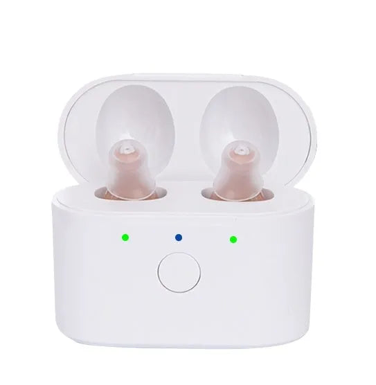 Beige rechargeable behind-the-ear hearing aid with magnetic charging dock and portable case.