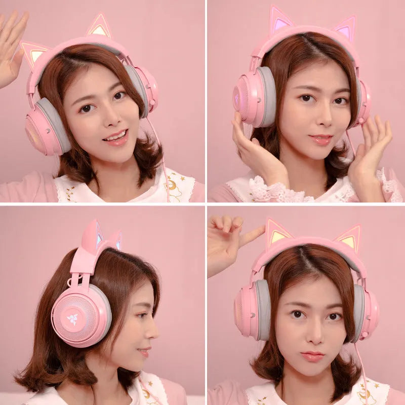 Pink glowing cat earphones USB wired headphones with illuminated cat ears on headband