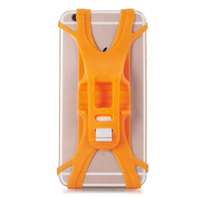 Silicone bicycle phone holder mounted on a handlebar showing its three-hole adjustment system.