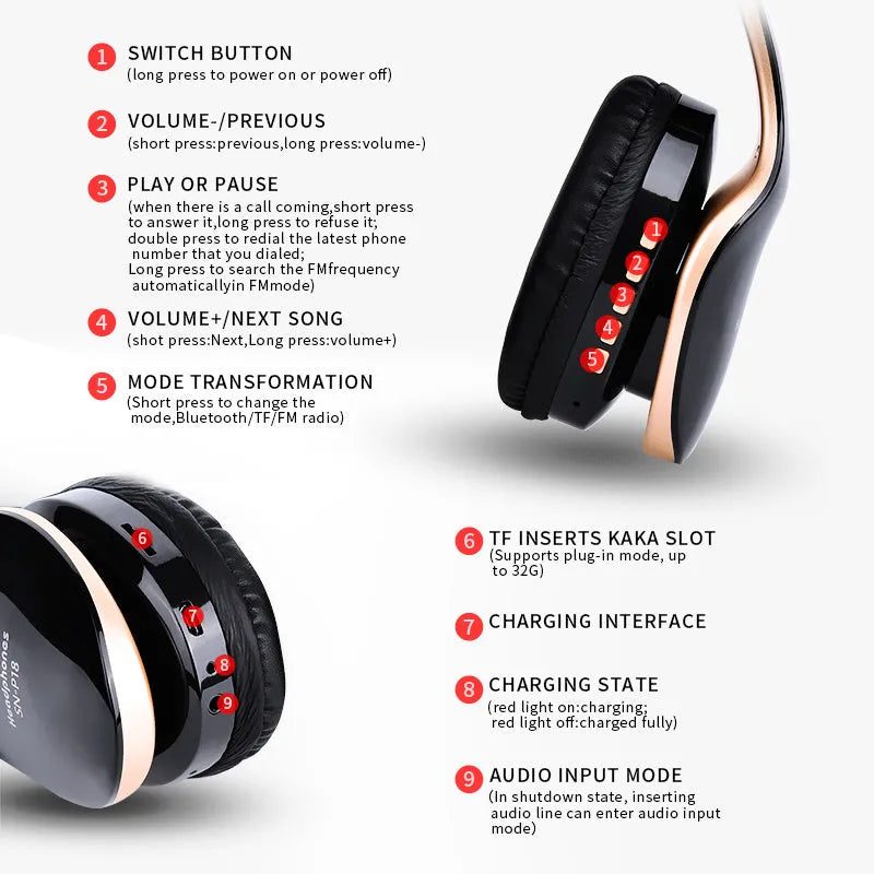 Bluetooth headset over ear wireless earphones with microphone black colour