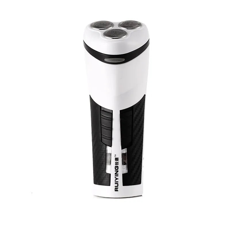 Black compact travel electric shaver with protective cap on a white background