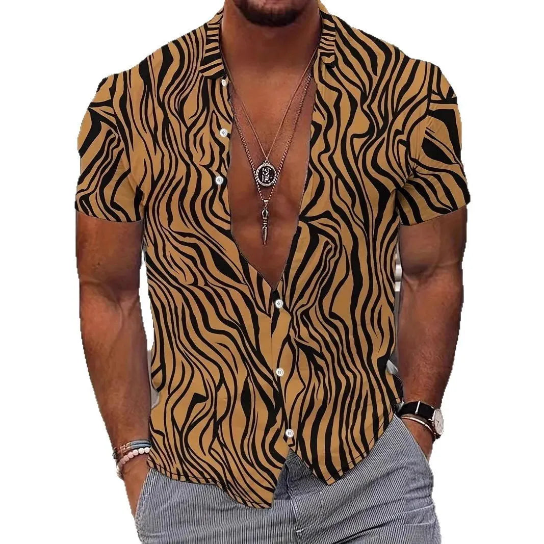 Men's geometric line print short sleeve shirt with lapel neckline in slim fit polyester