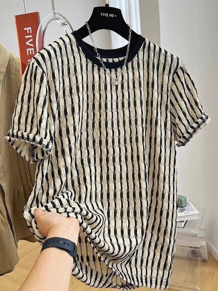 Men's black striped linen short sleeve shirt in loose pullover style