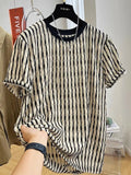 Men's black striped linen short sleeve shirt in loose pullover style