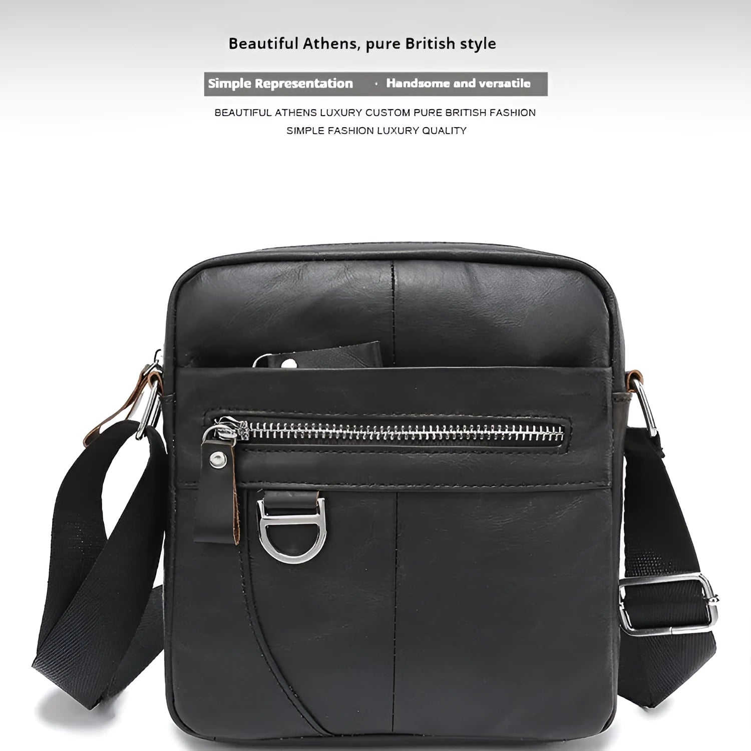 Black genuine leather crossbody messenger bag for boys with sewing line detail showing 8 inch size