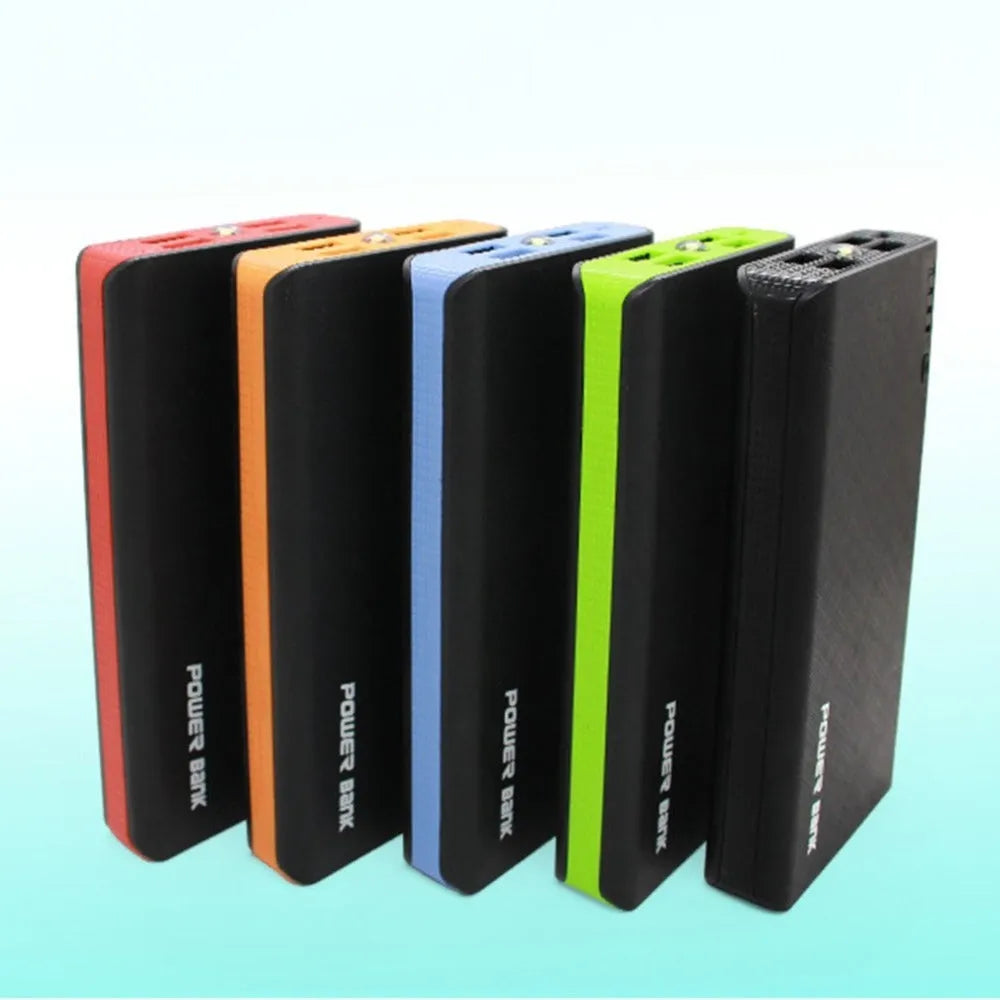 Blue 20000mAh portable power bank with two USB output ports and a micro-USB input port on a white background.