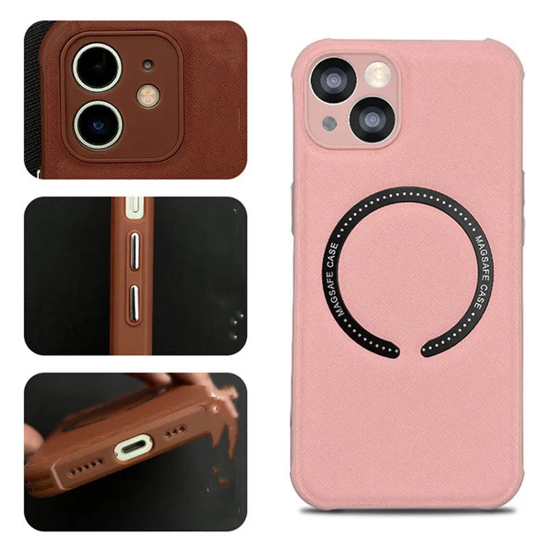 Leather phone case with MagSafe magnetic cross for iPhone 14 in black solid colour