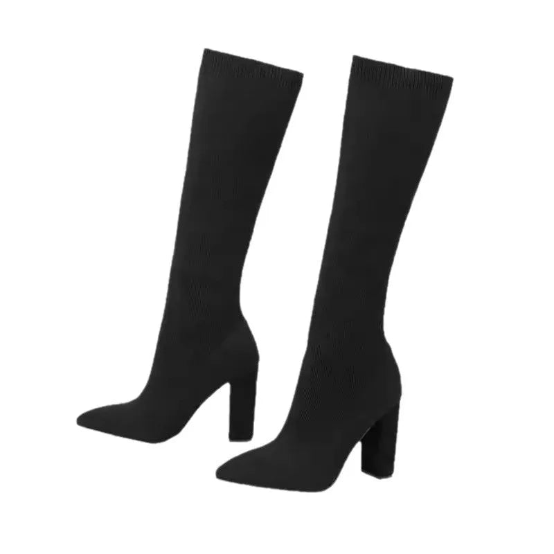 Black high heel fashion boots for women with fabric upper and high shaft